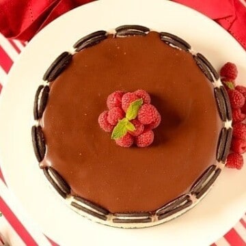 A chocolate Oreo ice cream cake on a plate