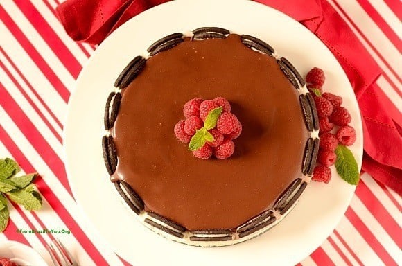 A chocolate Oreo ice cream cake on a plate