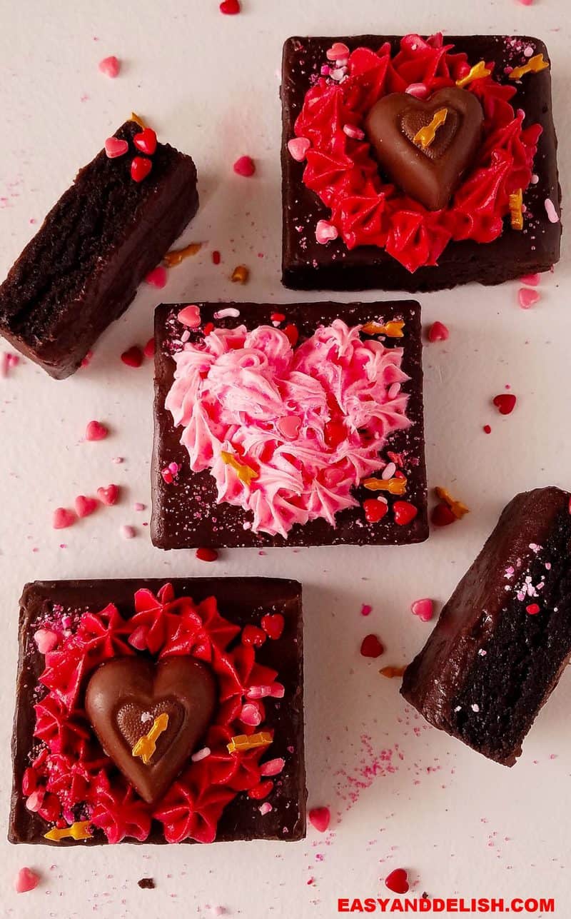 fudgy brownies decorated for Valentine's Day ona surface