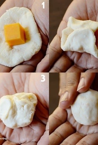 composite photo shows a cube of yellow cheddar cheese being enclosed in cheese roll dough and rolled into a ball