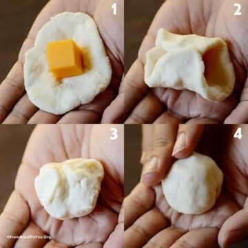 composite photo shows a cube of yellow cheddar cheese being enclosed in cheese roll dough and rolled into a ball