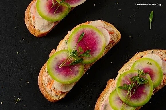 Open-faced tuna sandwiches with radish slices
