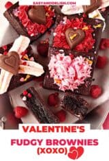 close up of severalfudgy brownies decorated for Valentine's Day