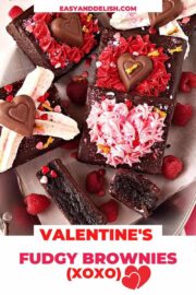 close up of severalfudgy brownies decorated for Valentine's Day