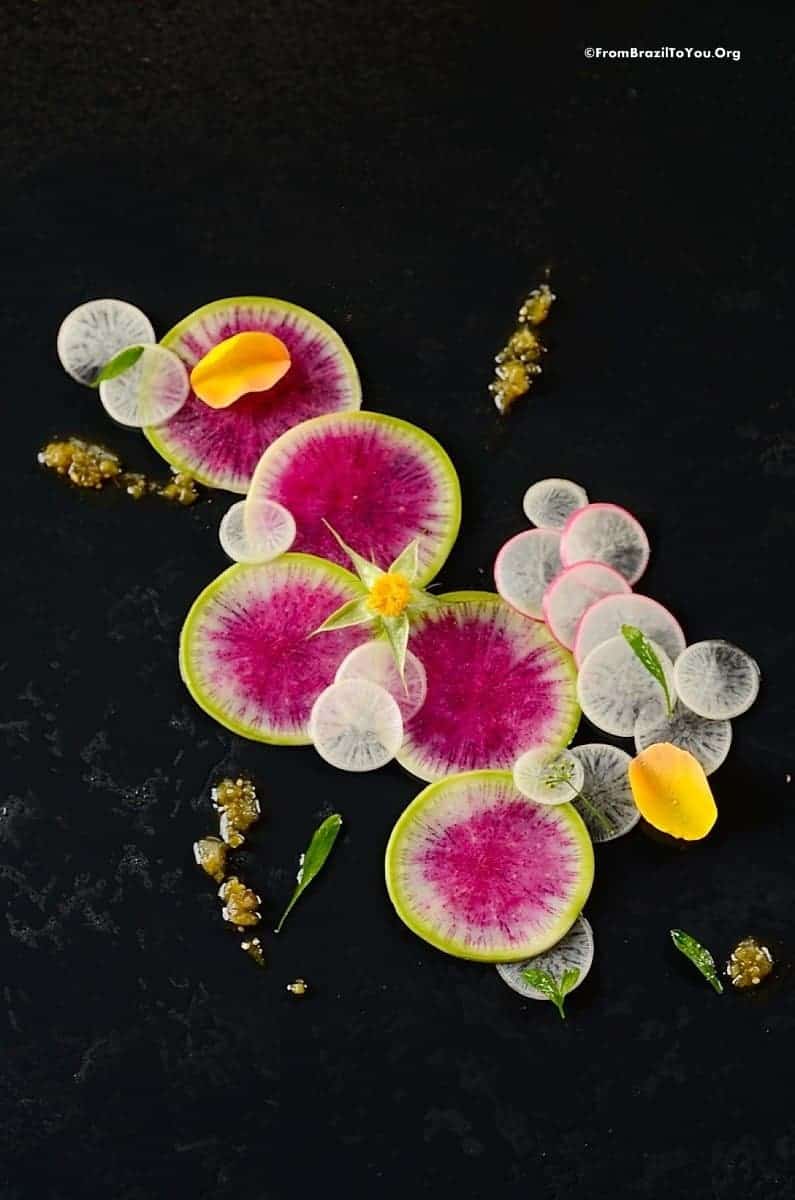 A close up of a watermelon radish slices