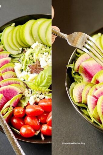 A  plate of salad with vinaigrette dressing