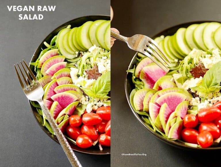 A  plate of salad with vinaigrette dressing 