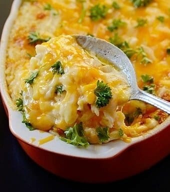 Ham and cheese baked rice casserole in a dish