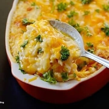 Ham and cheese baked rice casserole in a dish