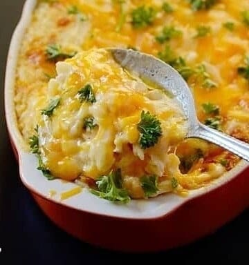 Ham and cheese baked rice casserole in a dish