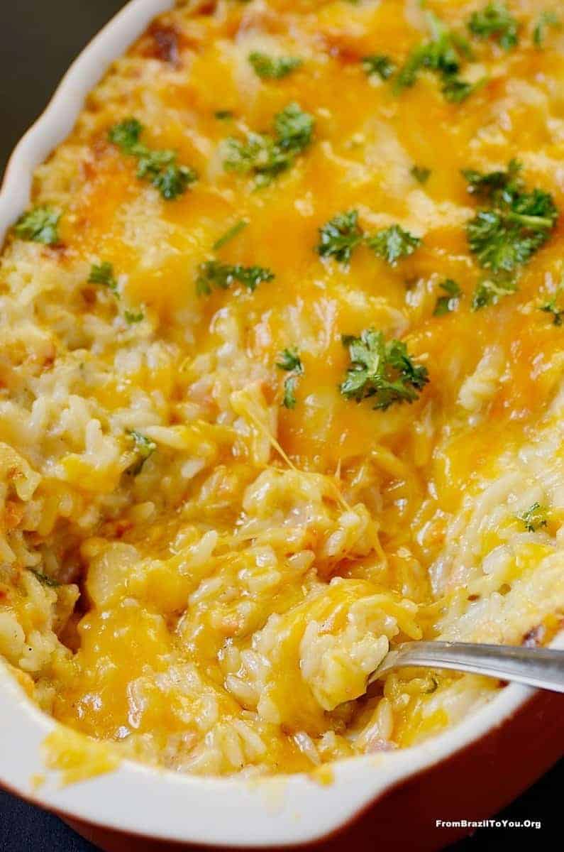 A cheesy casserole with rice and broccoli 