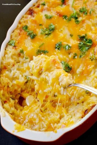 A close up of baked rice in a dish