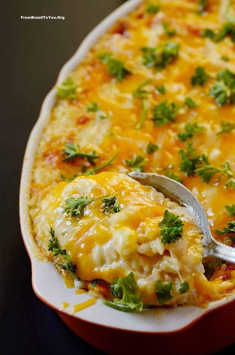 Close up image of ham and cheese baked rice. 