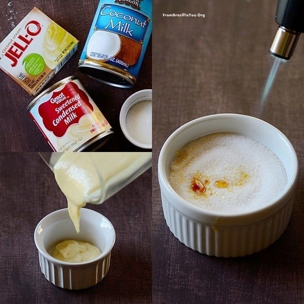 Photo montage showing ingredients for making instant coconut creme brulee, the batter being poured into a ramekin, and then the sugar top toasted with a torch.