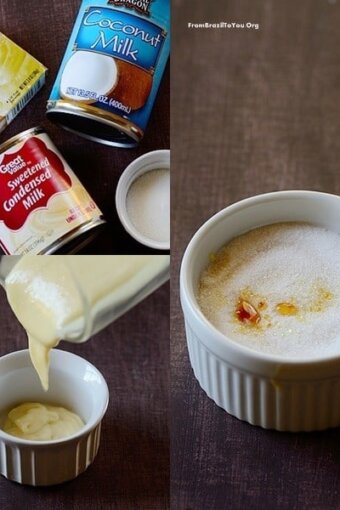 photo montage showing ingredients for making instant coconut creme brulee, the batter being poured into a ramekin, and then the top toasted with a brulee torch