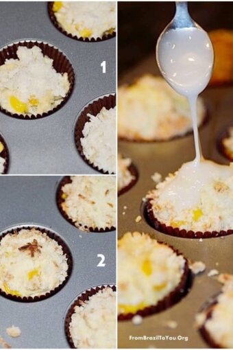 Photo montage showing mango coconut streusel muffins placed within the muffin tin, topped with streusel, and topped with glaze