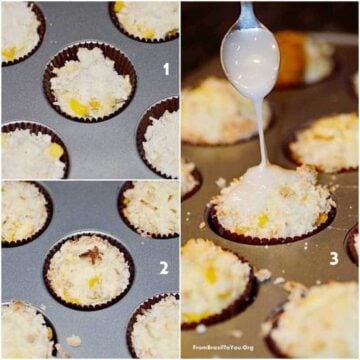 Photo montage showing mango coconut streusel muffins placed within the muffin tin, topped with streusel, and topped with glaze