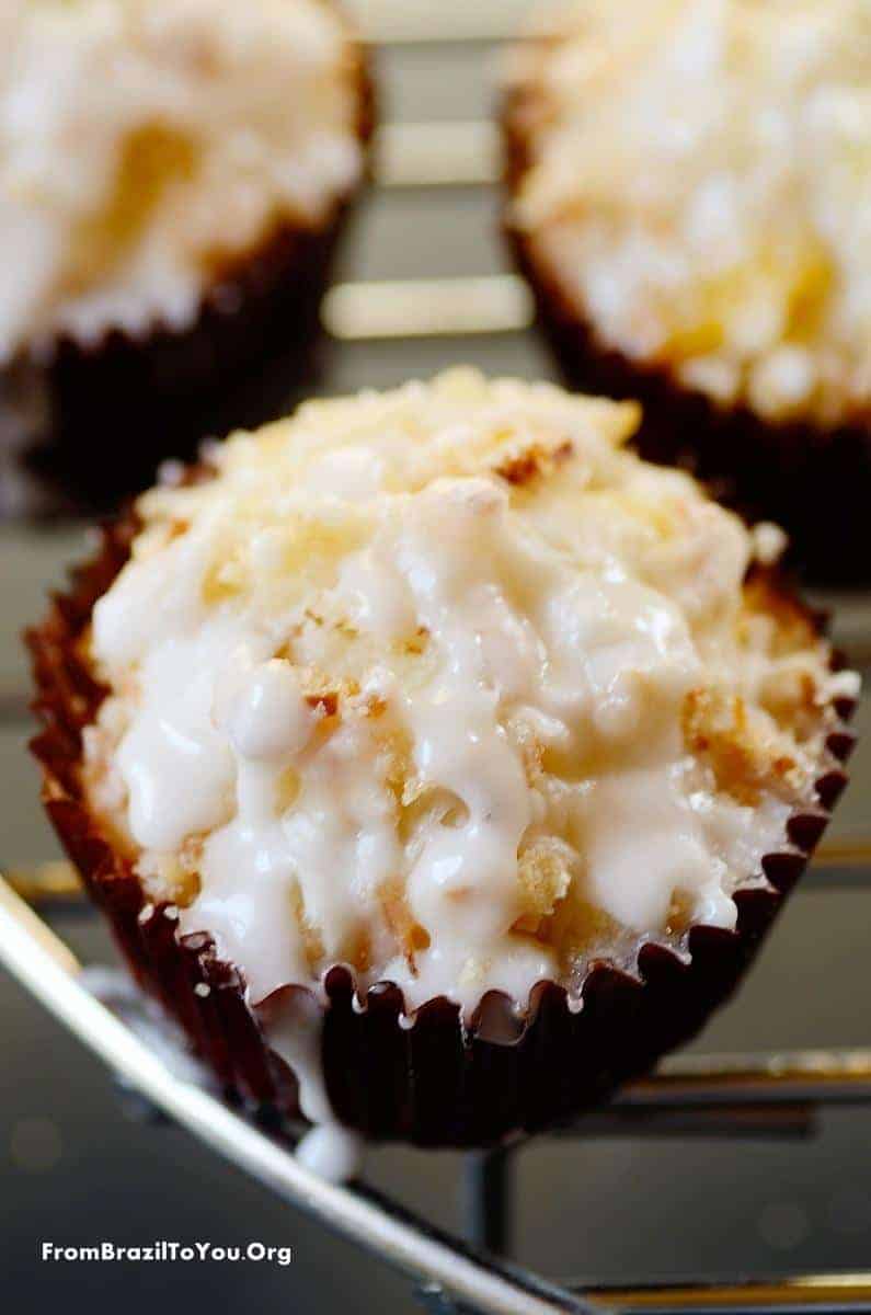 Close up image showing one Mango Coconut Streusel Muffin