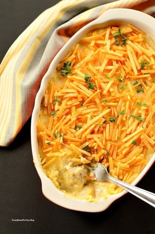 Brazilian chicken fricassee in a baking dish