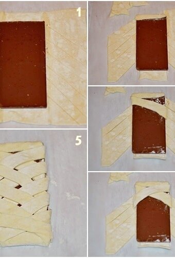 photo montage shows steps of laying chocolate bar on the dough that has been scored into diagonal strips, which are then wrapped around the bar to form a braid pattern