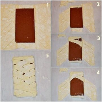 photo montage shows steps of laying chocolate bar on the dough that has been scored into diagonal strips, which are then wrapped around the bar to form a braid pattern