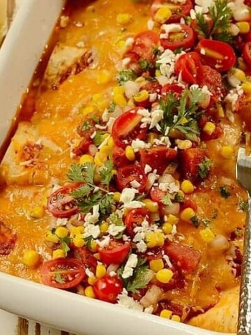 Ham and Cheese Brazilian Enchiladas in a casserole dish