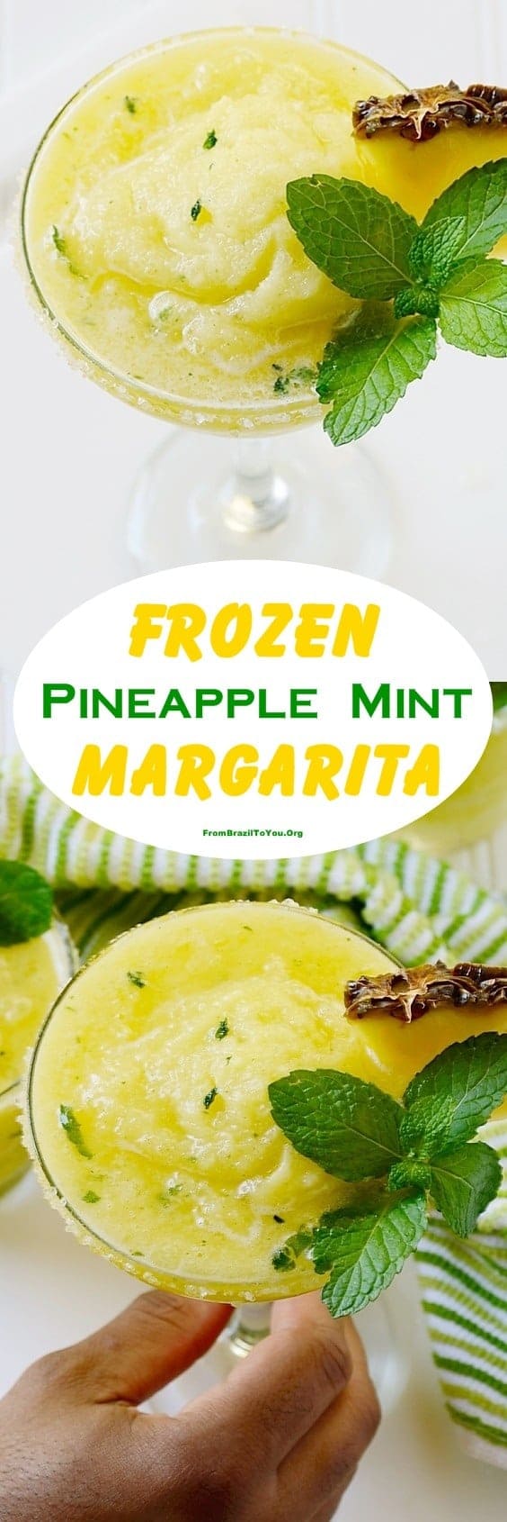 A colorful yellow and green caption that says \"Frozen Pineapple Mint Margarita\"