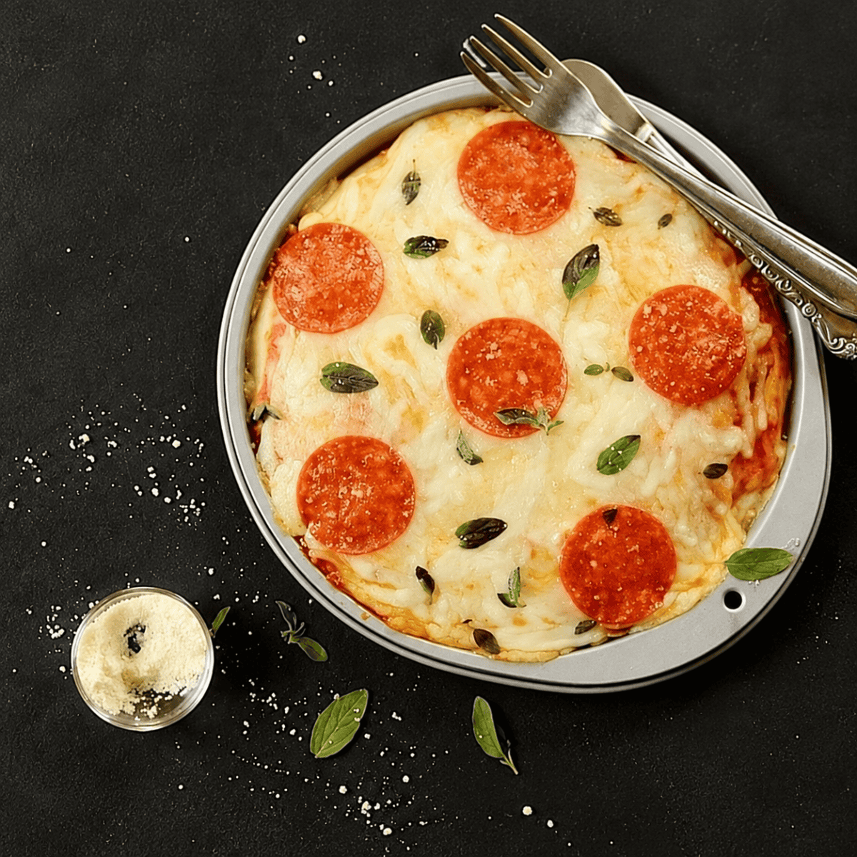 Pepperoni pizza with melted mozzarella and fresh oregano.