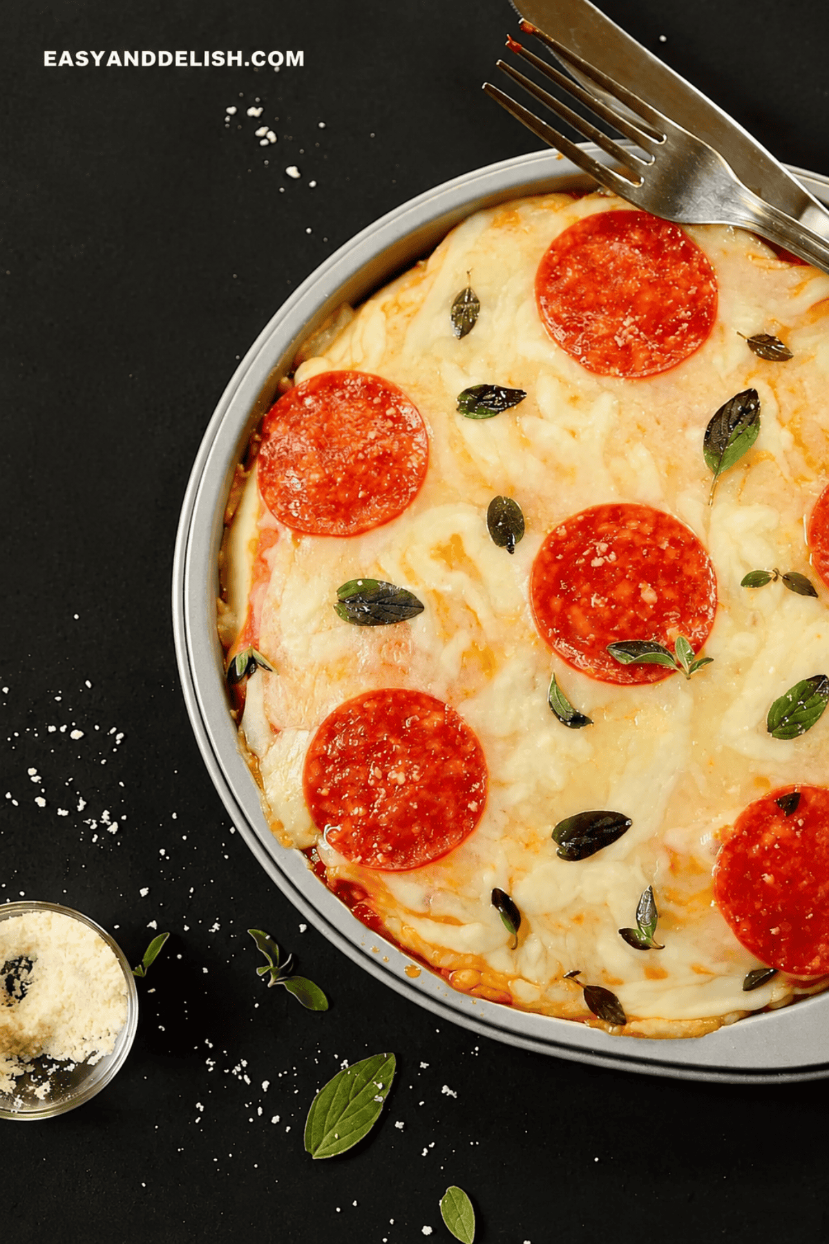 Blender Pepperoni Pizza with melted mozzarella, pepperoni, fresh oregano, and grated Parmesan.