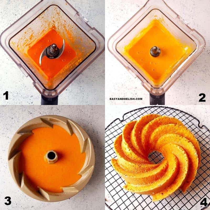 4 fotos mostrando como fazer a receita de bolo de cenoura