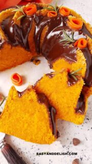 sliced Brazilian carrot cake topped with chocolate sauce