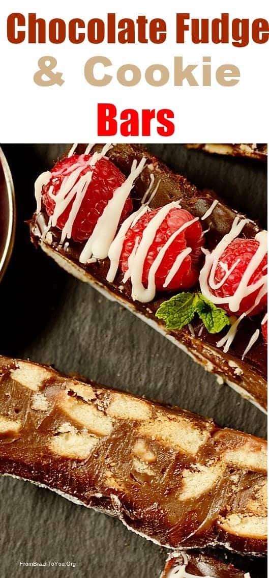 close up of 2 Chocolate Fudge and Cookie Bars or Palha Italiana 