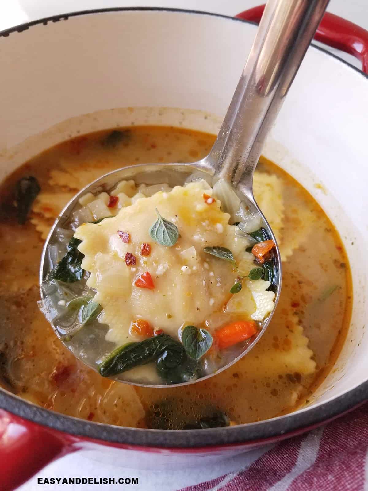 uam concha de sopa de ravioli segurada acima de uma panela