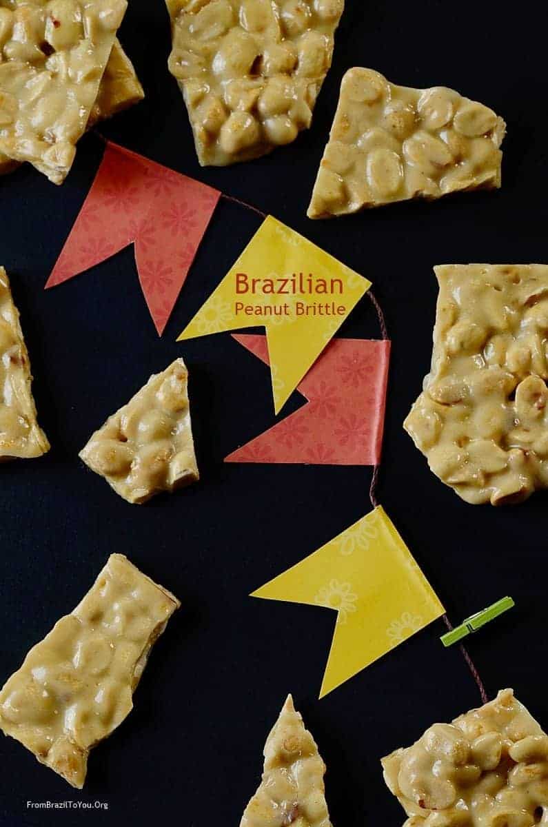 Brazilian Peanut Brittle or Pé de Moleque with June Festival small flags around.