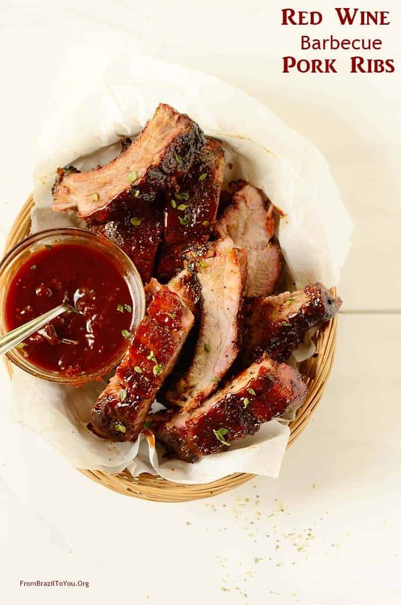a basket with Red Wine Barbecue Por Ribs 