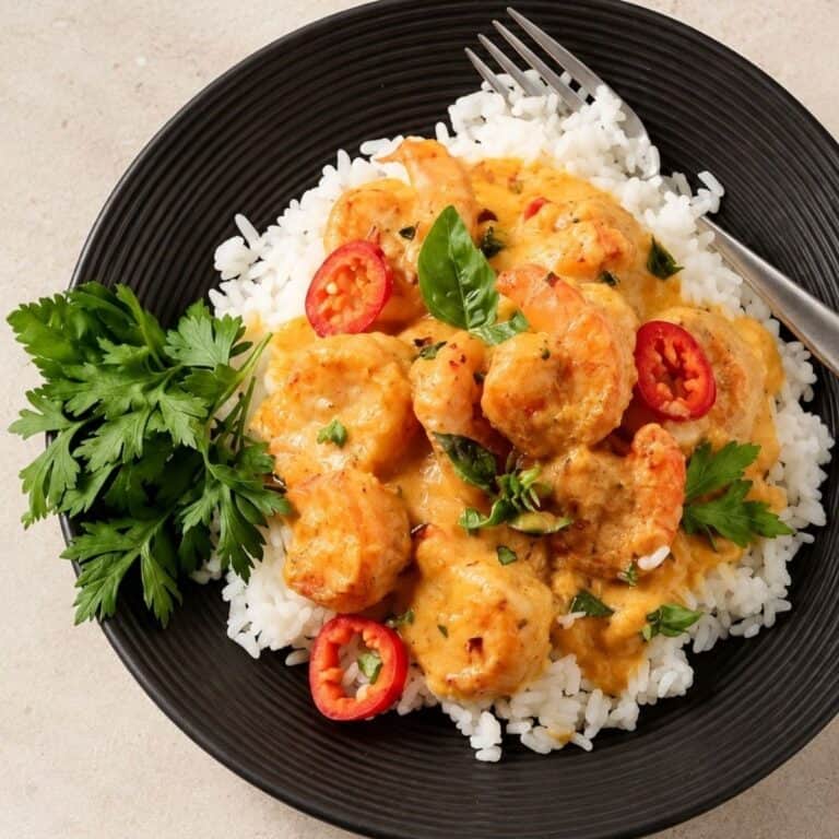 Jumbo shrimp in creamy coconut sauce served over white rice with fresh parsley, basil, and red jalapeño slices.