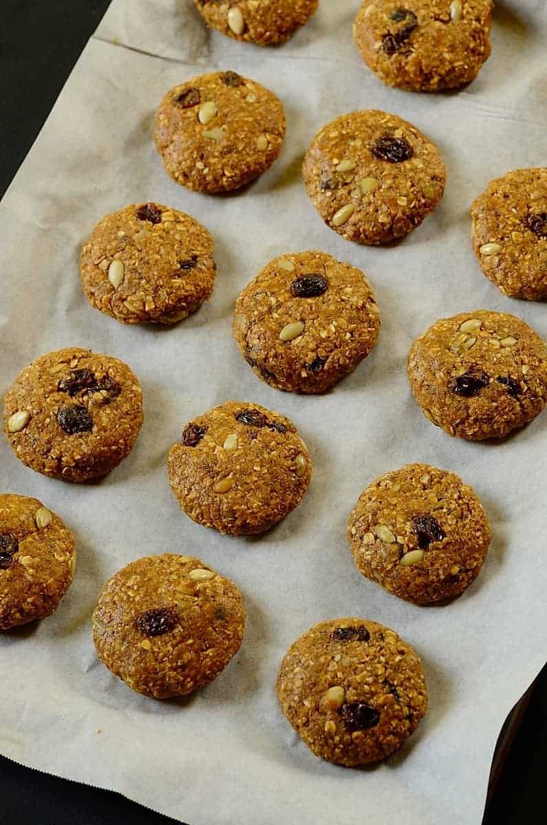 no bake pumpkin breakfast cookies resting onto a cookie sheet