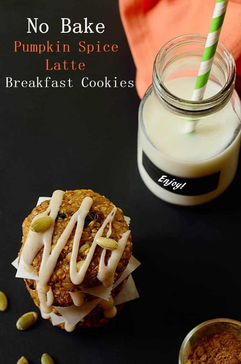 healthy breakfast cookies topped with a drizzlea nd seeds with milk on the side