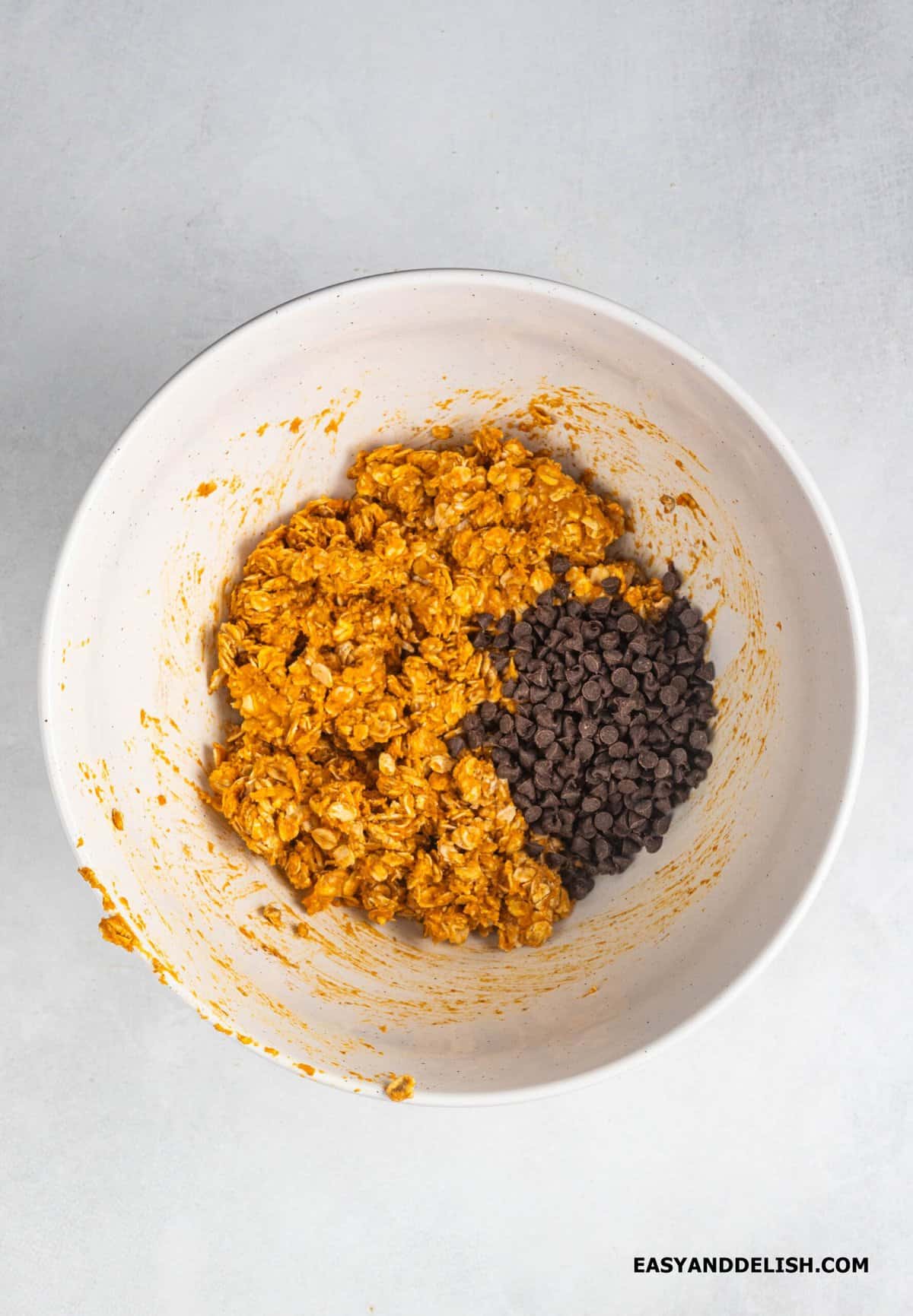 chocolate chips about to be folded into the cookie batter.