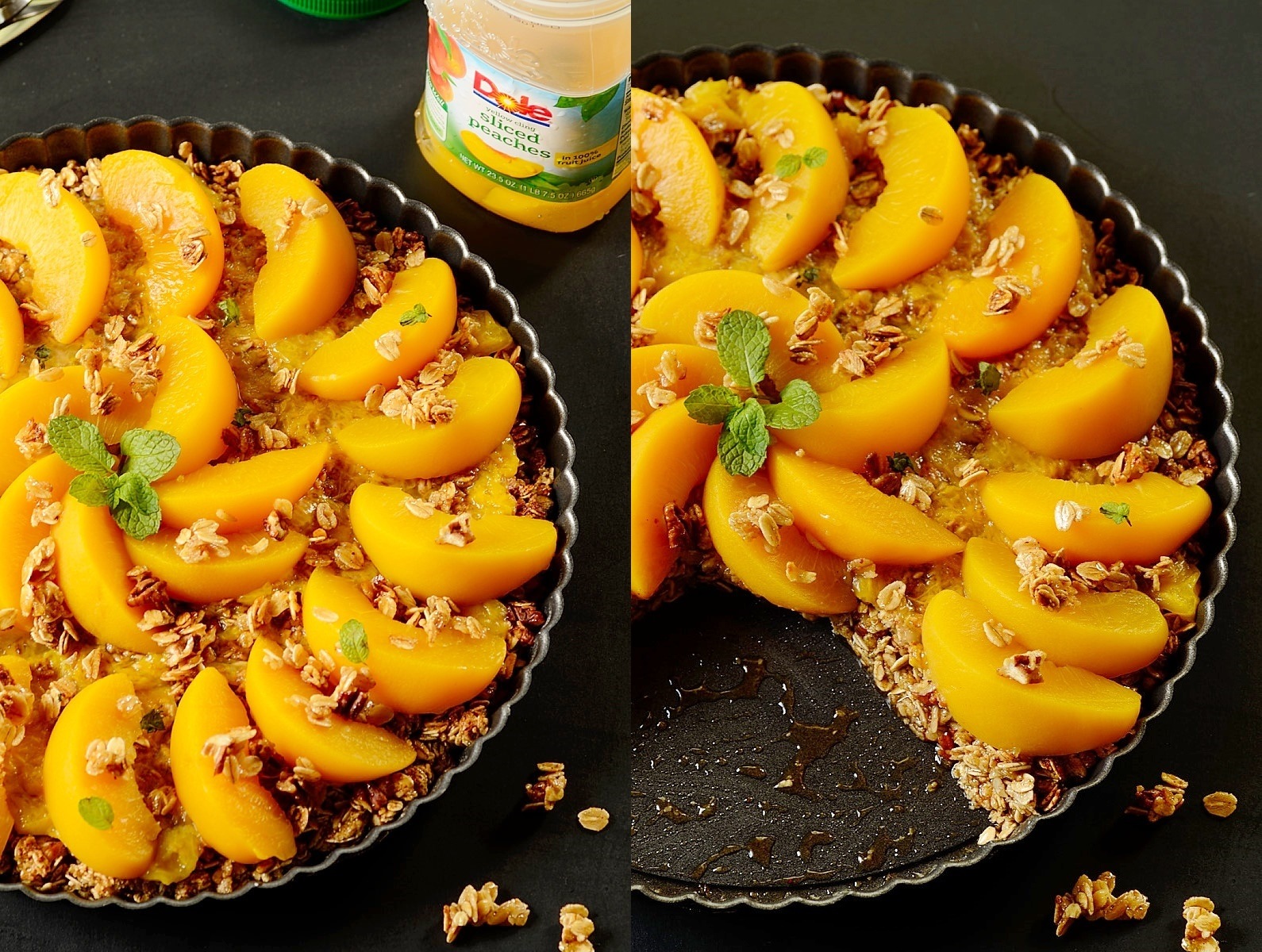 collage of peach pie, sliced