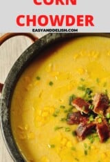 close up pin image of brazilian corn chowder with sausage