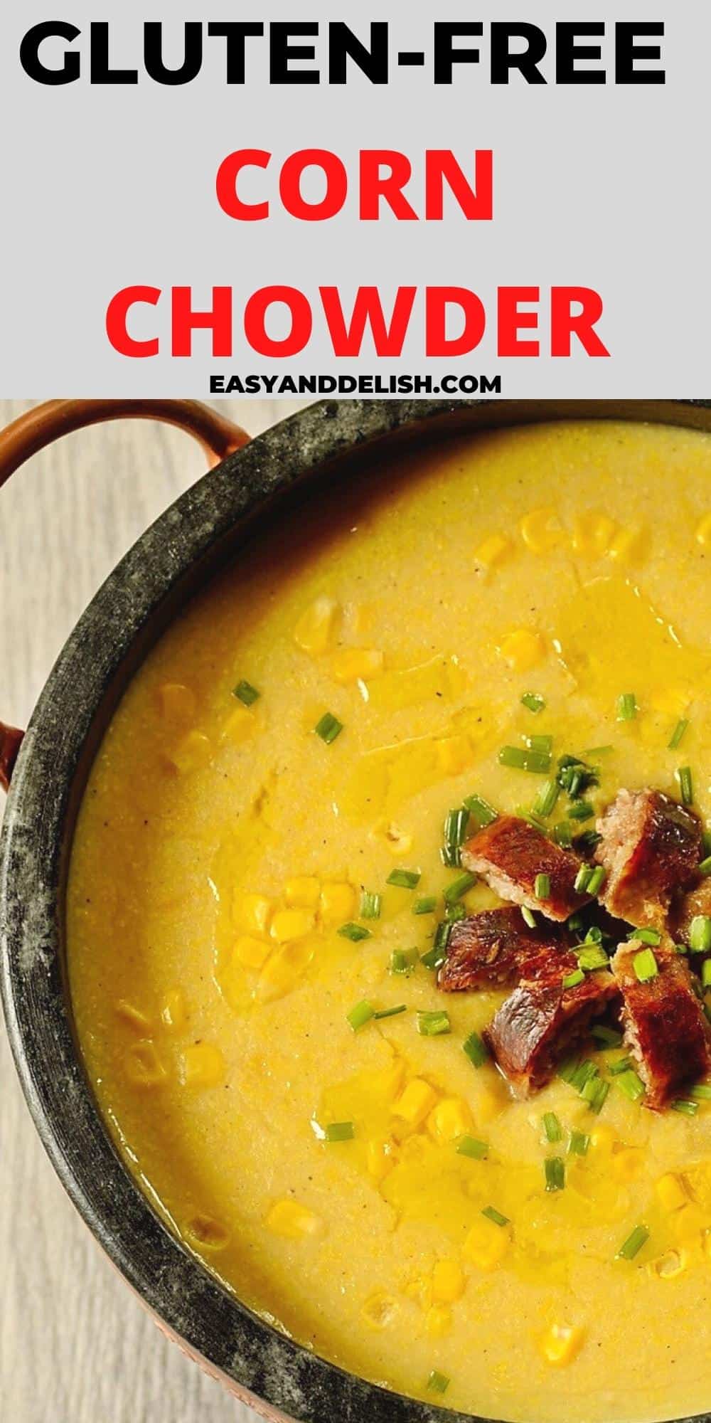 close up pin image of brazilian corn chowder with sausage