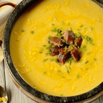 potato corn chowder in a Brazilian pot