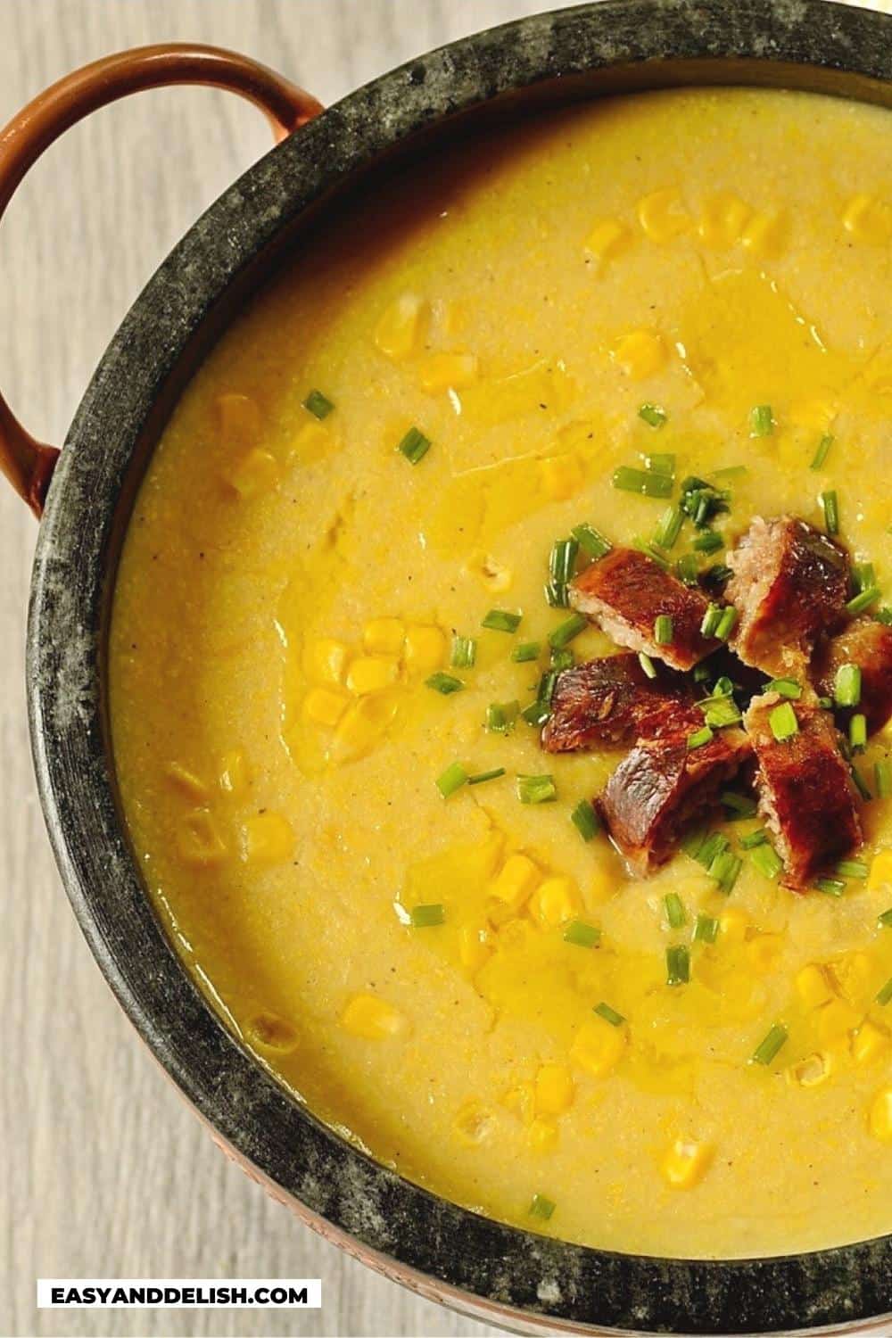 close up of corn chowder in a pot