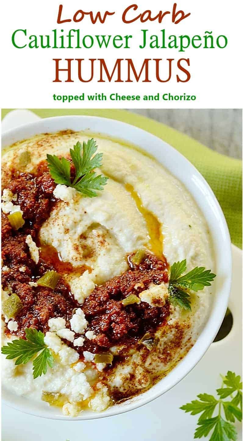 close up image for keto hummus made with cauliflower and jalapeno