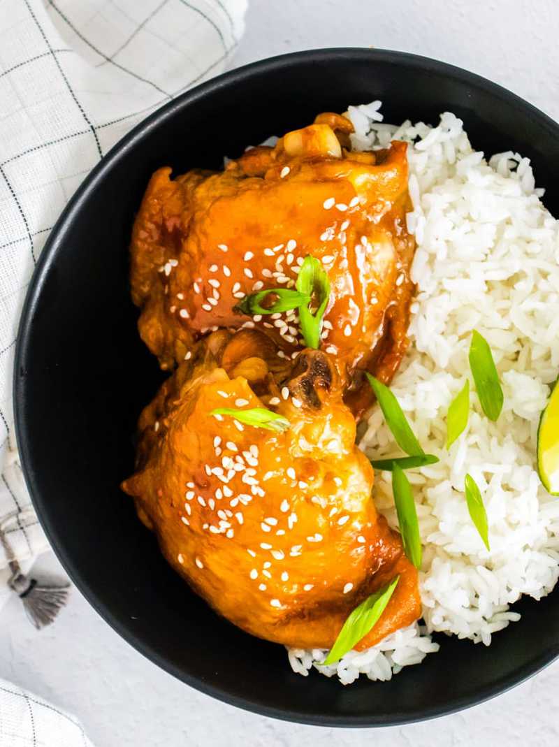 a plate of Instant Pot honey garlic chicken and rice -- by Food Folks and Fun