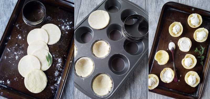 A photo collage showing how to make puffy pastry tartlets, especially the crust