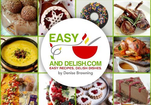 easy and delish blog recipe logo with food recipe background