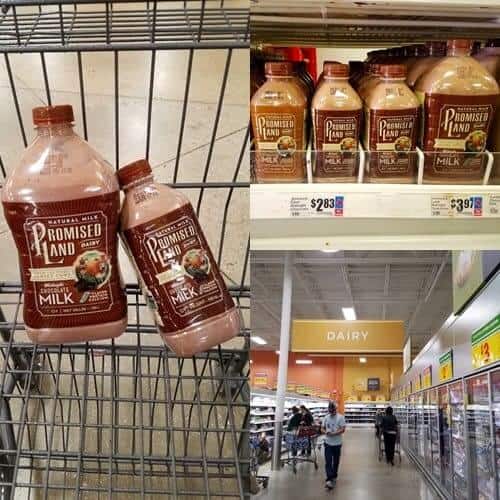 A close up of milk bottles in the supermarket aisle (collage)i