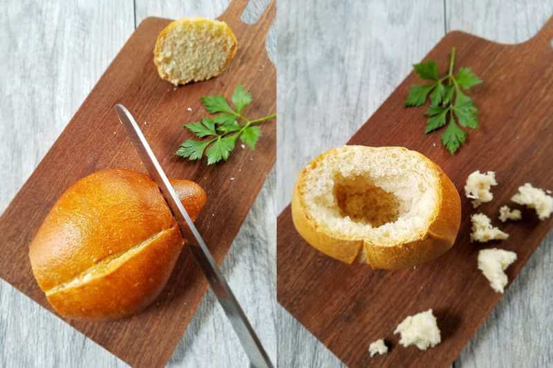 two photo collage showing French bread rolls being cut